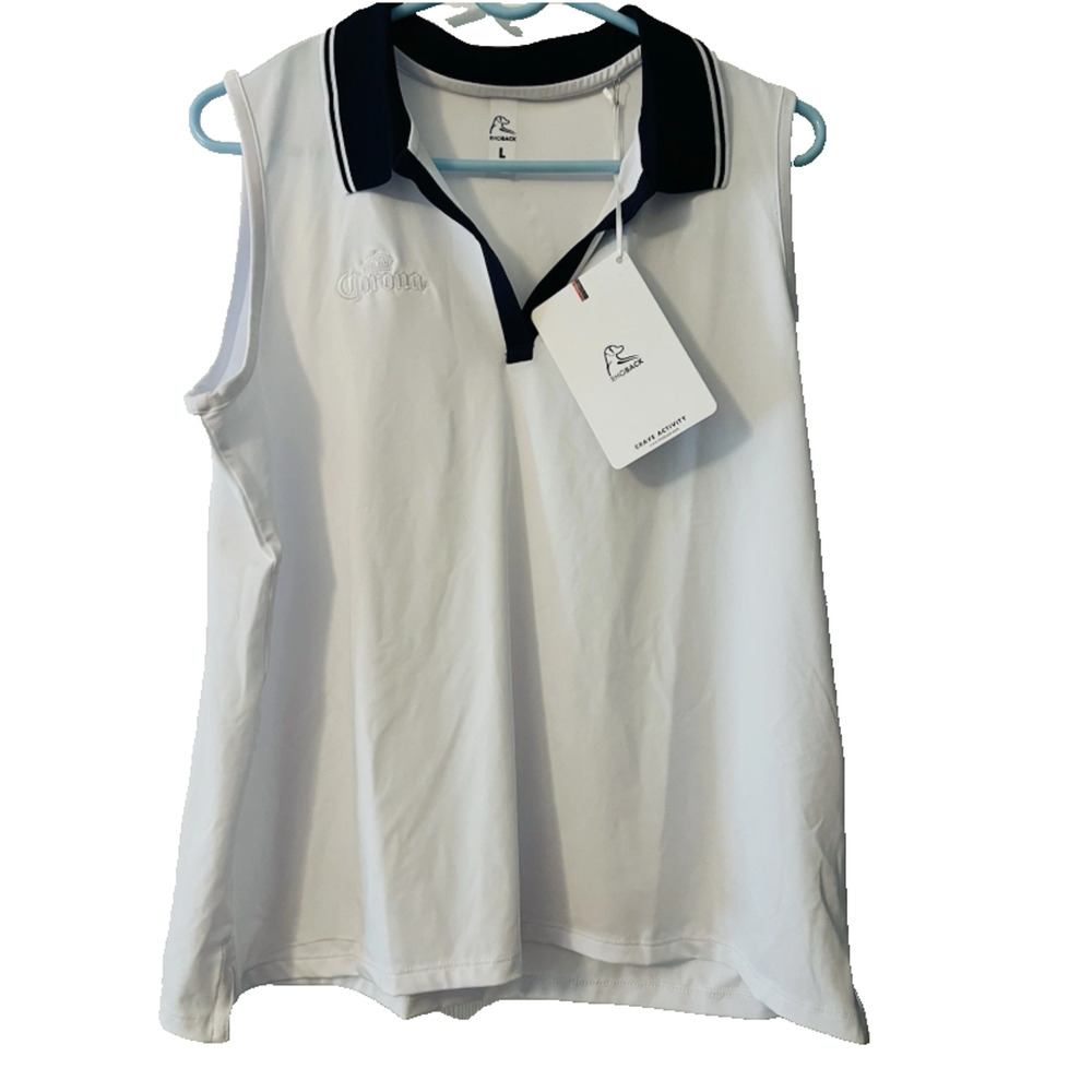 Rhoback White Sleeveless Polo Top CORONA BEER LOGO Size L NWT